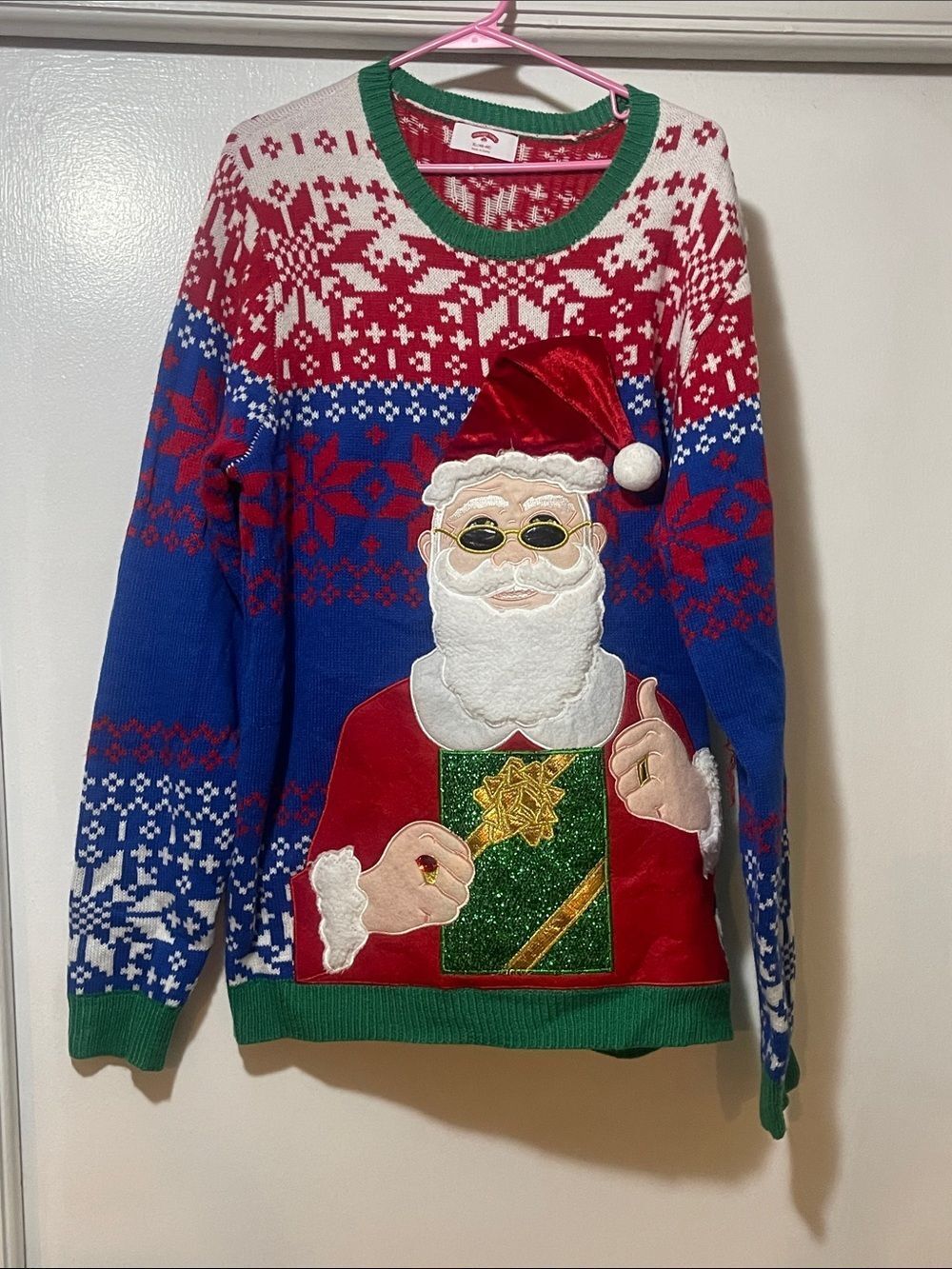 Holiday Time Men's Santa Crewneck Sweater in Red, Blue, White & Green xl